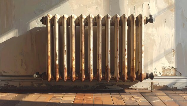 An old radiator with rust sits against a weathered wall, bathed in sunlight. The aged wooden floor adds to the vintage aesthetic