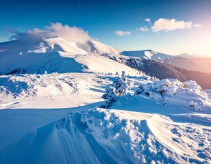 Snowy mountain range at sunrise