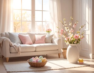 Light-filled living room with Easter decor