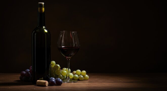 Still life of wine bottle, glass, and grapes on a wooden table