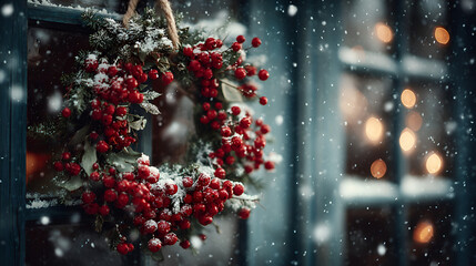 Traditional Christmas wreath with red berries and snow, Holiday wreath hanging on frosted window, Festive winter window decor with snow and lights