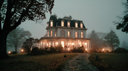 Spooky Victorian mansion lit up on a foggy night, Haunted house glowing with eerie lights, Old eerie house in mist with dramatic lighting