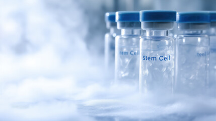 Frozen vials labeled stem cell in cryogenic storage surrounded by fog representing biotechnology research and medical preservation.
