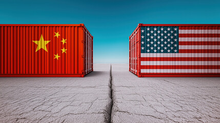Trade conflict concept with shipping containers painted with China and USA flags separated by deep crack on arid ground symbolizing economic tension.