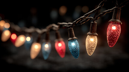 Close-up of colorful vintage Christmas lights glowing in the dark, Festive string lights for holiday decoration, Sparkling multicolor Christmas bulbs with cozy ambiance
