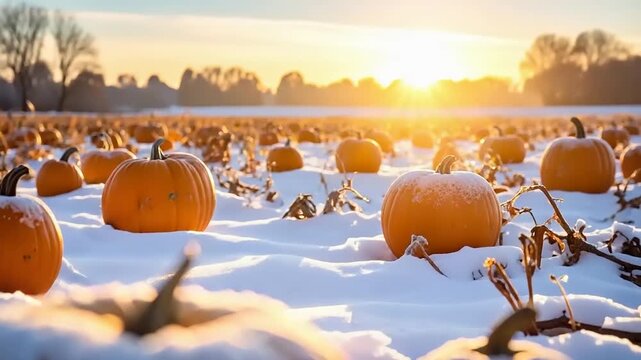 Orange pumpkins in snowy field at sunset with warm golden sunlight