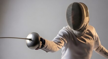 Studio Shot Focused Fencer with Foil and Mask in Ready Stance