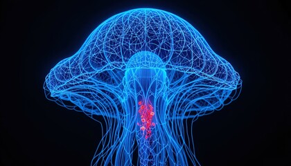 Glowing blue jellyfish with vibrant red core against a dark backdrop showcases bioluminescent marine life in stunning detail for science and ocean exploration