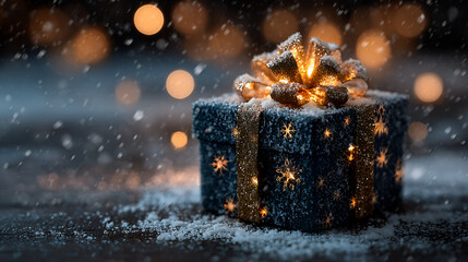 Magical Christmas gift box with glowing lights and snowfall, Festive winter present with sparkles and snowflakes, Holiday gift wrapped in glitter with warm glowing bokeh