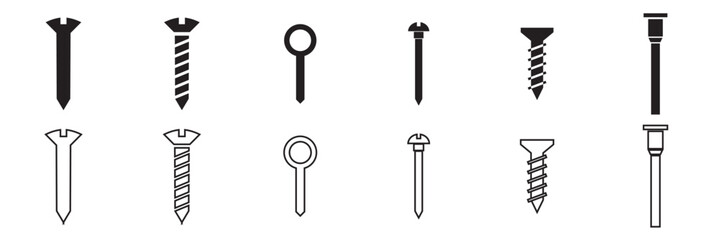 Different screw head types icon. Collection of various screw head icons in black and white, illustrating multiple screw designs and fastener types for technical reference.
