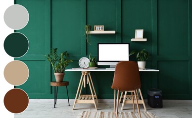 Interior of office with workplace and houseplants near green wall. Different color patterns