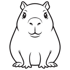 Line art illustration of a chubby, friendly cartoon capybara sitting and facing forward, featuring a wide, calm smile and a simple, round body. Perfect for children's coloring books.