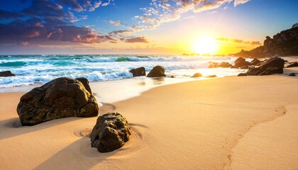 Golden sunset over a rocky beach