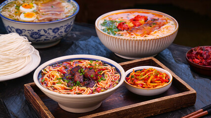 Handmade Asian Noodle Soup with Braised Pork and Eggs in Traditional Ceramic Bowls