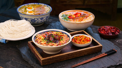 Asian Noodle Soup Bowls with Handmade Thin Noodles Braised Pork and Clear Broth Traditional Cuisine