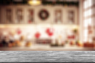 Empty wooden table with blur room background