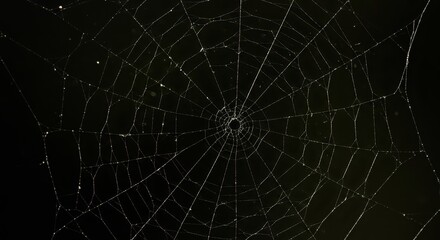 Obraz premium Delicate intricate spiderweb construction displays radial symmetry, showcasing a detailed network of silky threads against a dark, mysterious backdrop with subtle highlights.