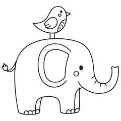 Line art illustration of an adorable cartoon elephant with a small bird perched on its back. This sweet duo is drawn in a simple, happy style, ideal for children's coloring books or animal themes. 