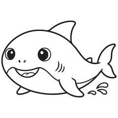 Line art illustration of a chubby, cheerful baby shark swimming, featuring a wide, happy smile, large eyes, and a fin on its back. Excellent for children's coloring books or marine life themes.