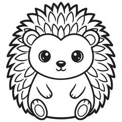 Line art illustration of an adorable, round cartoon hedgehog sitting and facing forward, featuring its characteristic quills, large eyes, and a sweet expression. Perfect for children's coloring books.