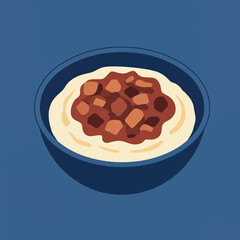 A minimalist illustration of a blue bowl filled with a creamy dish and a chunky, savory topping.