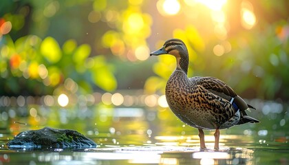 A duck in a sunlit garden pond