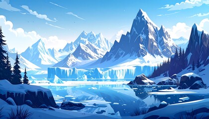 Snowy mountain range reflecting on a frozen lake