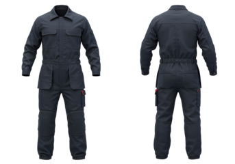 Front and back view of dark blue industrial coverall uniform with long sleeves and multiple pockets, isolated on transparent background for workwear and protective clothing.