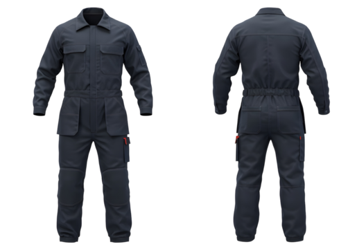 Front and back view of dark blue industrial coverall uniform with long sleeves and multiple pockets, isolated on transparent background for workwear and protective clothing.