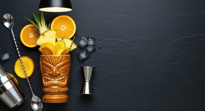 Tropical cocktail ingredients laid out on a dark surface