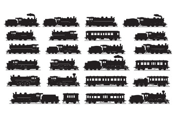 A collection of vintage train silhouettes, isolated on white background, evokes a sense of nostalgia for the golden age of rail travel and steam power vector illustration