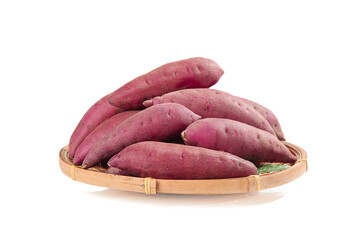 Fresh Purple Sweet Potatoes in Bamboo Basket Display on White Background