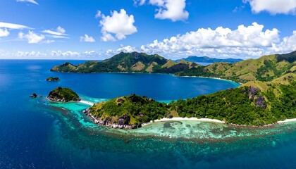 Obraz premium Aerial view of a tropical island paradise. Azure waters meet verdant hills and white sandy beaches under a bright blue sky with scattered clouds