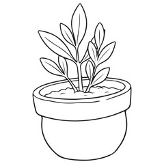 Line art illustration of a small, leafy plant with pointed leaves, growing in a round, curved flower pot filled with soil. Ideal line art for coloring pages, gardening themes, or home decor icons.