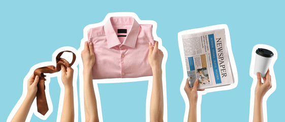 Hands holding men's shirt, necktie, newspaper and cup of coffee on blue background
