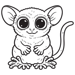 Line art illustration of an adorable cartoon tarsier with characteristic huge eyes, large ears, and a long, thin tail. Perfect for children's coloring pages or exotic animal themes. 