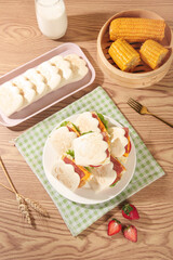 Adorable Bear Paw Shaped Sandwiches Cute Bento Lunch Box Meal with Corn and Milk on Wooden Table