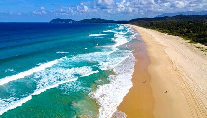 Aerial view of a vast sandy beach with turquoise waves crashing on the shore under a partly cloudy blue sky