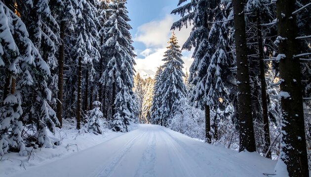 Snowy forest path in sunlight