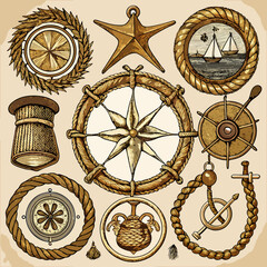 Intricately detailed badges and frames made from woven rope, rusted anchors, sailing ship wheels, and antique compasses. Include elements like splintered wood textures, nautical stars, and wave motifs