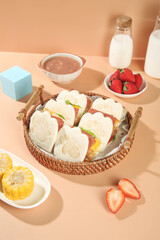 Cute Bear Face Sandwich Buns with Fresh Strawberries and Milk - Kawaii Food Styling Photography