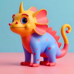 3D Colorful cartoon dinosaur standing on a pink surface against a blue background