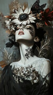 A painting of a woman with flowers and butterflies on her head