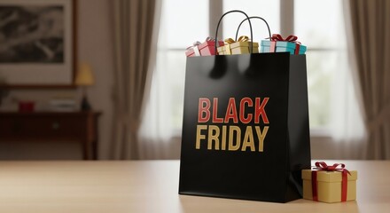 A black friday shopping bag filled with gifts on a table indoors view