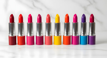 Obraz premium Row of colorful lipsticks on a marble surface