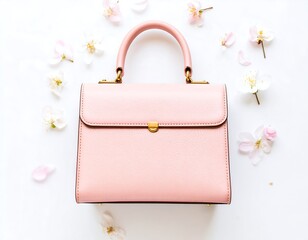 Stylish pink handbag surrounded by delicate blossoms