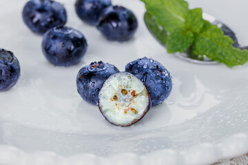 Fresh Blueberries with Water Droplets on White Marble - Healthy Berry Fruit Photography