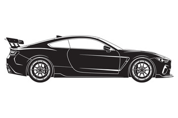 Fototapeta premium A sleek black sports car with a spoiler is depicted in a black and white illustration isolated on white background, showcasing its aerodynamic design vector illustration