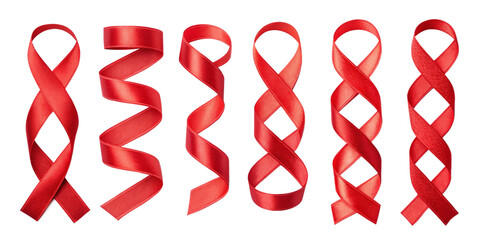 Red Satin Ribbon Set – Awareness, Curled, Twisted, Decorative Glossy Ribbons on Transparent Background
Collection of Red Glossy Satin Ribbons – Loops, Spirals, Curls, and Awareness Ribbon Sh