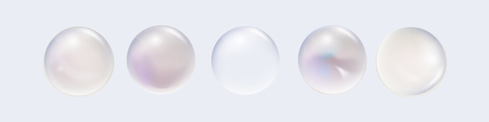 Vector image of five realistic pearls in soft white, pink, cream, and blue tones on a white background, perfect for elegant, cosmetic
